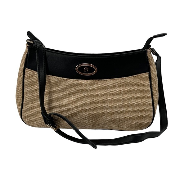 Etienne Aigner Black Tan Jute Adjustable Strap Shoulder Bag Purse - Picture 1 of 11